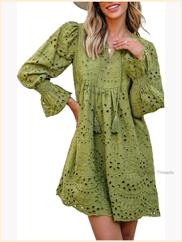 Boho Tassel V Neck Long Sleeve A Line Casual Lace Ruffle Party Dress